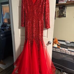 Dazzling Red Sequin Long Sleeve Gown